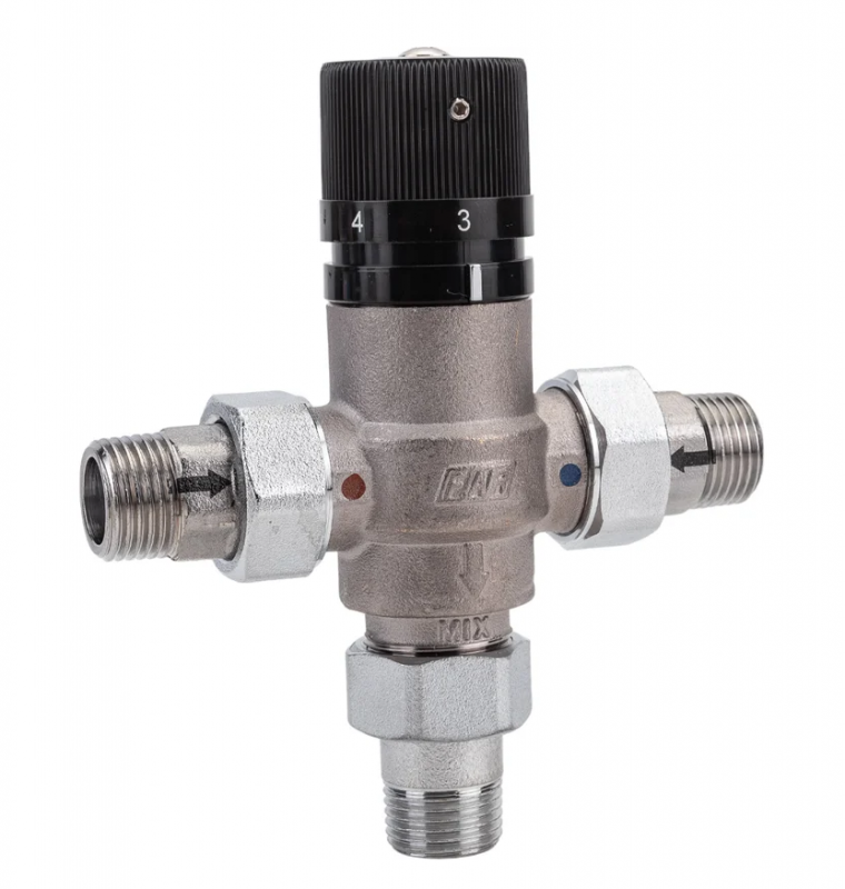 Термостатический смеситель TERMOFAR 1/2" НР (американка), 30-65°С, с обратными клапанами на подводящ